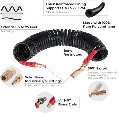 INTERTOOL Polyurethane Recoil Air Hose, 1/4" x 25 ft, 1/4" MNPT, Heavy Duty, Lightweight, All-Weather, Bend Restrictors, Brass I/M Style Plug, Quick Coupler Connector, Swivel Ball Joint PT08-1711 in Saudi Arabia