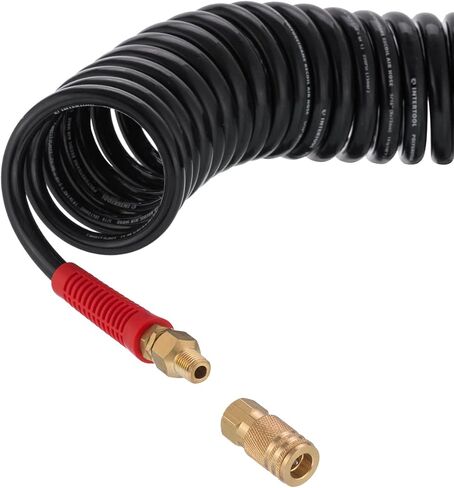 INTERTOOL Polyurethane Recoil Air Hose, 1/4" x 25 ft, 1/4" MNPT, Heavy Duty, Lightweight, All-Weather, Bend Restrictors, Brass I/M Style Plug, Quick Coupler Connector, Swivel Ball Joint PT08-1711 in Saudi Arabia