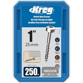 Kreg SPS-C1-250 Zinc Pocket Screws, 1-Inch #7 Coarse Thread, Pan- Head (250 Count) in Kuwait