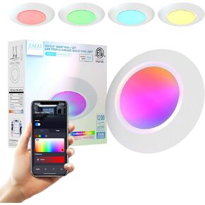 ZAGO 5-6 بوصة LED ضوء قرص نحيف ذكي، CCT تغيير التحديثية راحة يمكن أن ضوء، RGB سطح جبل ضوء القرص، واي فاي التطبيق والتحكم الصوتي، 120V / 15W / 1200LM، ETL / تصنيف الرطب، أبيض، 8 حزم in Kuwait