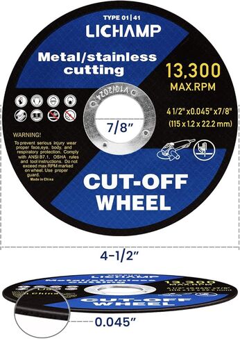 Lichamp 4-1/2 عجلات مقطوعة للمعادن، 10 عبوات 4.5 بوصة قرص قطع عجلة القطع، 4.5 بوصة × 0.045 بوصة × 7/8 بوصة، A010BK in Kuwait