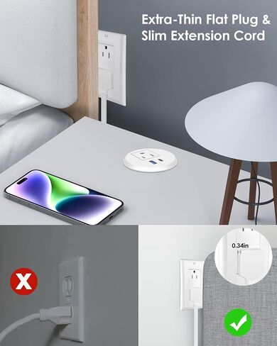 Jgstkcity 65W USB-C Hidden Desktop Power Grommet: 1 AC Outlet,8 USB Charging Ports,3'' Hole Flush Mount Pop-Up Power for Conference Tables & Nightstands (Black, 6 FT) in Saudi Arabia
