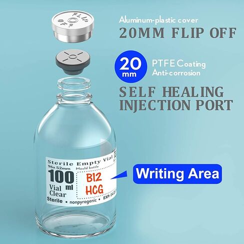 Biocomma 4pcs 100ml Sterile Empty Vial with Plastic Aluminum Flip Off Caps，Penicillin Bottle 20mm Crimp Top Sterile Transparent Borosilicate Lab Sample Vial (Transparent) in Saudi Arabia