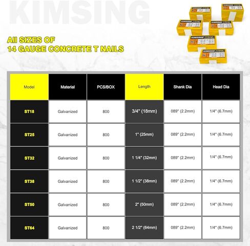 مسامير T من كامسين، قياس 14، مسمار من الخرسانة الهوائية عالي التحمل مقاس 2.54 سم إلى 6.35 سم، مسدس أظافر Air Power T لبناء تروس، إطار بناء وتظليل الخرسانة (ST50 مسامير (800 قطعة/صندوق) in Kuwait