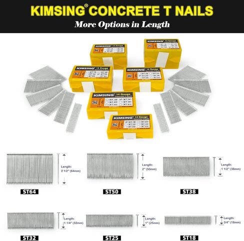 مسامير T من كامسين، قياس 14، مسمار من الخرسانة الهوائية عالي التحمل مقاس 2.54 سم إلى 6.35 سم، مسدس أظافر Air Power T لبناء تروس، إطار بناء وتظليل الخرسانة (ST50 مسامير (800 قطعة/صندوق) in Kuwait