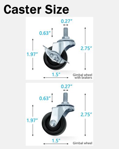 Caster Wheels Set of 4, 1.5 Inch, (Screw Diameter 0.27", Length 0.63") Threaded Stem Casters, Heavy Duty, Locking Metal Swivel Wheel for Cart Shelves in Saudi Arabia