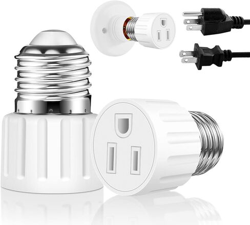 2 Packs E26/E27 3 Prong Light Socket to Plug Adapter, Polarized Screw in Outlet for Light Socket Adapter Outlet 3Prong Light Bulb Socket Adapter Fit for 2/3Prong Convert, for Porch Patio Garage, White in Kuwait