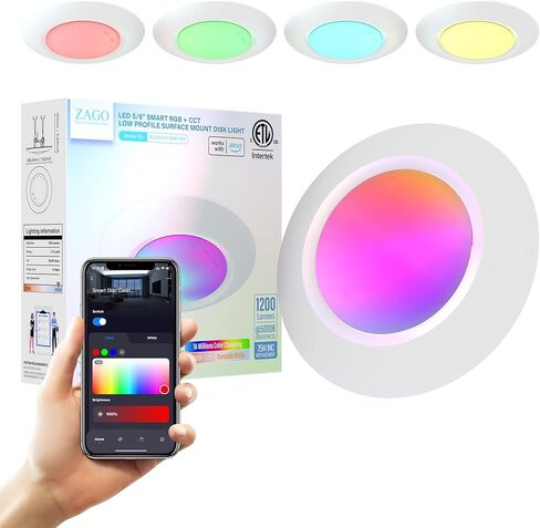 ZAGO 5-6 بوصة LED ضوء قرص نحيف ذكي، CCT تغيير التحديثية راحة يمكن أن ضوء، RGB سطح جبل ضوء القرص، واي فاي التطبيق والتحكم الصوتي، 120V / 15W / 1200LM، ETL / تصنيف الرطب، أبيض، 8 حزم in Kuwait