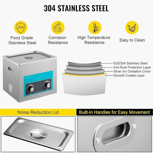 منظف ​​بالموجات فوق الصوتية 10 لتر من موفورن 304 من الفولاذ المقاوم للصدأ للتحكم في المقبض الاحترافي، منظفات بالموجات فوق الصوتية مع مؤقت تسخين للمجوهرات ونظارات لوحة الدوائر وأطقم الأسنان وأجزاء صغيرة من أدوات طب الأسنان in Kuwait