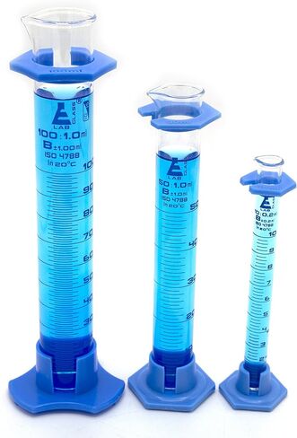مجموعة اسطوانات متدرجة من 3 قطع؛ 10 مل، 50 مل، 100 مل مع واقيات بلاستيكية؛ زجاج بوروسيليكات من الفئة B اي اي اس سي او Labs in Kuwait