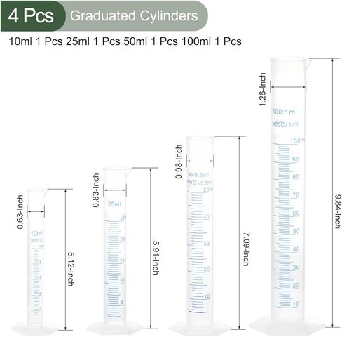مجموعة أسطوانة قياس 4 في 1 من يوكيف، مجموعة أسطوانات بلاستيكية متدرجة، متعددة الأغراض، رائعة للاستخدام في المنزل، مختبر العلوم، (أبيض شفاف، 10 مل 25 مل 50 مل 100 مل) in Kuwait