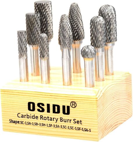 OSIDU Carbide Burr Set - مجموعة مبرد كربيد دوارة صلبة مزدوجة القطع مع ساق 1/4 بوصة لمثقاب المطحنة المعدنية وتلميع الخشب ونحت الحفر (حزمة من 10) in Kuwait