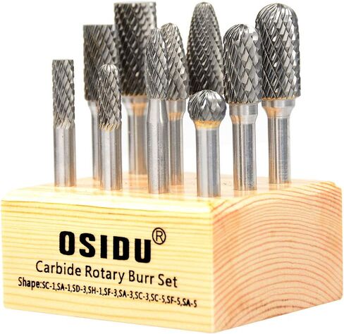 OSIDU Carbide Burr Set - مجموعة مبرد كربيد دوارة صلبة مزدوجة القطع مع ساق 1/4 بوصة لمثقاب المطحنة المعدنية وتلميع الخشب ونحت الحفر (حزمة من 10) in Kuwait