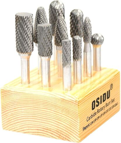 OSIDU Carbide Burr Set - مجموعة مبرد كربيد دوارة صلبة مزدوجة القطع مع ساق 1/4 بوصة لمثقاب المطحنة المعدنية وتلميع الخشب ونحت الحفر (حزمة من 10) in Kuwait