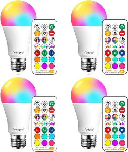 مصابيح إضاءة LED Yangcsl بقدرة 85 وات تعادل 1200 لومن، لمبة إضاءة متغيرة الألوان RGB، 6 أوضاع مزاجية - ذاكرة - مزامنة - قابلة للتعتيم، قاعدة لولبية A19 E26، جهاز تحكم عن بعد للتوقيت متضمن (حزمة من 4) in Kuwait