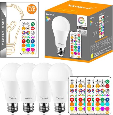 مصابيح إضاءة LED Yangcsl بقدرة 85 وات تعادل 1200 لومن، لمبة إضاءة متغيرة الألوان RGB، 6 أوضاع مزاجية - ذاكرة - مزامنة - قابلة للتعتيم، قاعدة لولبية A19 E26، جهاز تحكم عن بعد للتوقيت متضمن (حزمة من 4) in Kuwait