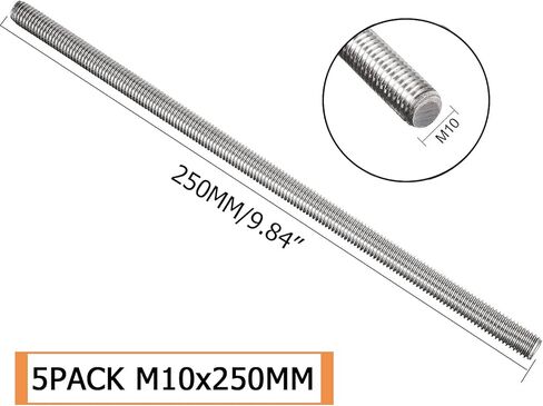 CEE 5Pack M10 x 250mm مسمار قضيب ملولب بالكامل 304 من الفولاذ المقاوم للصدأ 0.39 بوصة × 10 بوصة برغي طويل ملولب، قضبان ترصيع شريط خيط اليد اليمنى لمسامير التثبيت والمشابك والشماعات ومسامير U ومسافة خيط M10-1.5 مم in Kuwait