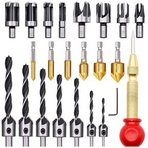 23pcs Woodworking Chamfer Drilling Tool Set, Including 7pcs 3-Point Countersink Drill Bit, 8pcs Wood Plug Cutters, 6pcs Countersink Drill Bits, 1pcs L-Wrench, 1pcs Center Punch for Wood in Kuwait
