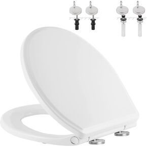 Hibbent Premium Round Toilet Seat with Cover Quiet Close, One-Click to Quick Release, Easy Installation Non-Slip Seat Bumpers, Slow Close Toilet Seat and Cover, Easy Cleaning-White Color
