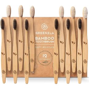 GREENZLA Bamboo Toothbrush (4 Pack) with Travel Case & Charcoal Dental Floss | BPA Free Soft Bristles | Eco-Friendly, Natural Bamboo Toothbrush Set | Biodegradable & Compostable Wooden Toothbrushes