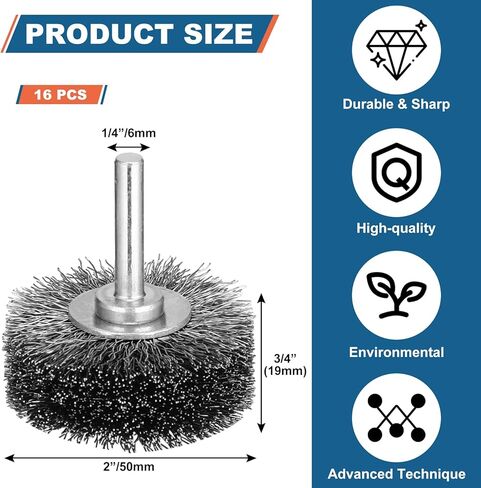 Bokon 16 Pcs Wire Wheel Brush 2 Inch Heavy Duty Wire Brush Drill Attachments Steel Brush for Drill Wire Brush for Rust Corrosion Paint Removal, 0.0118" Carbon Steel Wire, 1/4" Mounted Stem, 20000RPM in Kuwait