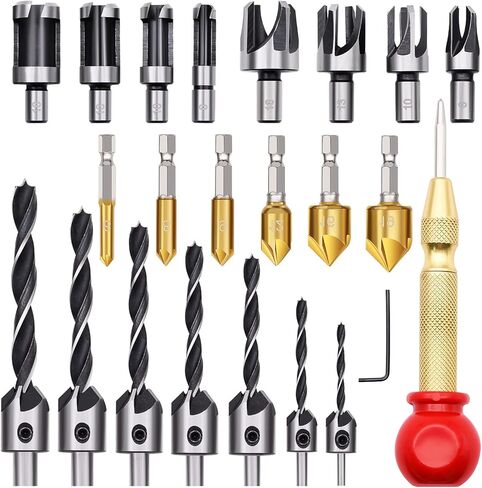 23pcs Woodworking Chamfer Drilling Tool Set, Including 7pcs 3-Point Countersink Drill Bit, 8pcs Wood Plug Cutters, 6pcs Countersink Drill Bits, 1pcs L-Wrench, 1pcs Center Punch for Wood in Kuwait