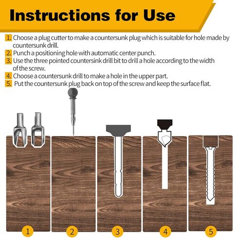 23pcs Woodworking Chamfer Drilling Tool Set, Including 7pcs 3-Point Countersink Drill Bit, 8pcs Wood Plug Cutters, 6pcs Countersink Drill Bits, 1pcs L-Wrench, 1pcs Center Punch for Wood in Kuwait