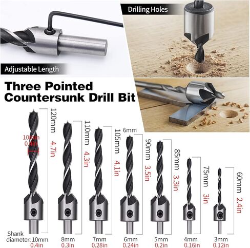 23pcs Woodworking Chamfer Drilling Tool Set, Including 7pcs 3-Point Countersink Drill Bit, 8pcs Wood Plug Cutters, 6pcs Countersink Drill Bits, 1pcs L-Wrench, 1pcs Center Punch for Wood in Kuwait
