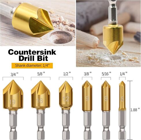 23pcs Woodworking Chamfer Drilling Tool Set, Including 7pcs 3-Point Countersink Drill Bit, 8pcs Wood Plug Cutters, 6pcs Countersink Drill Bits, 1pcs L-Wrench, 1pcs Center Punch for Wood in Kuwait