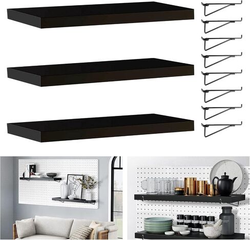 Black Pegboard Shelf, 3 Pack Pegboard Shelves Brackets with Metal Pegboard Hooks, Heavy Duty Peg Board Shelf Pegboard Book Shelf, Pegboard Accessories for Craft Room, Office, Garage in Saudi Arabia