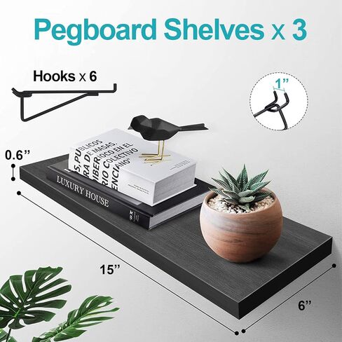 Black Pegboard Shelf, 3 Pack Pegboard Shelves Brackets with Metal Pegboard Hooks, Heavy Duty Peg Board Shelf Pegboard Book Shelf, Pegboard Accessories for Craft Room, Office, Garage in Saudi Arabia