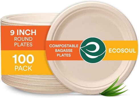 أطباق ورقية 9 بوصة قابلة للتحلل بنسبة 100% من ECO SOUL [عبوة من 100 قطعة] أطباق حفلات للاستعمال مرة واحدة، أطباق متينة وصديقة للبيئة للعشاء وحفلات الزفاف والمناسبات، وألواح صديقة للبيئة من قصب السكر غير مبيضة وقابلة للتحلل البيولوجي in Kuwait