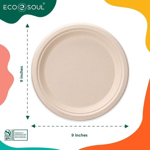 أطباق ورقية 9 بوصة قابلة للتحلل بنسبة 100% من ECO SOUL [عبوة من 100 قطعة] أطباق حفلات للاستعمال مرة واحدة، أطباق متينة وصديقة للبيئة للعشاء وحفلات الزفاف والمناسبات، وألواح صديقة للبيئة من قصب السكر غير مبيضة وقابلة للتحلل البيولوجي in Kuwait