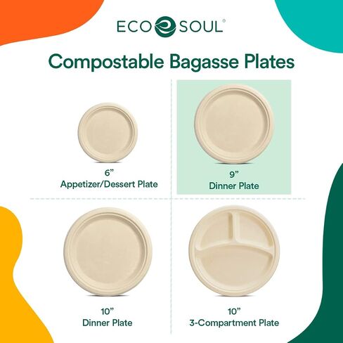 أطباق ورقية 9 بوصة قابلة للتحلل بنسبة 100% من ECO SOUL [عبوة من 100 قطعة] أطباق حفلات للاستعمال مرة واحدة، أطباق متينة وصديقة للبيئة للعشاء وحفلات الزفاف والمناسبات، وألواح صديقة للبيئة من قصب السكر غير مبيضة وقابلة للتحلل البيولوجي in Kuwait