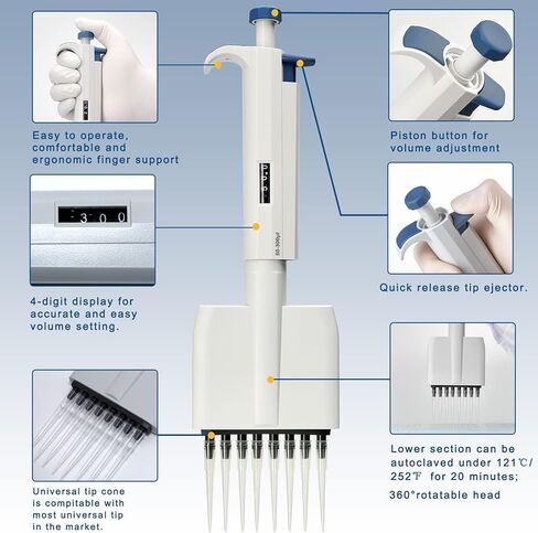 مجموعة ماصات دقيقة 8 قنوات من Huwazine 50-300ul، ماصة قابلة للتعديل × 1، طرف ماصة معقمة مع فلتر 300ul × 288 طرف، حامل ماصة × 1 قطعة، خزان كاشف × 5 قطع (مجموعة ماصة 8 قنوات أ) in Kuwait