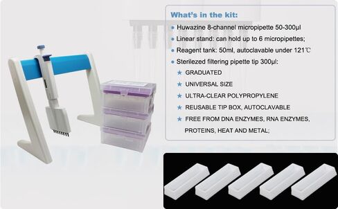 مجموعة ماصات دقيقة 8 قنوات من Huwazine 50-300ul، ماصة قابلة للتعديل × 1، طرف ماصة معقمة مع فلتر 300ul × 288 طرف، حامل ماصة × 1 قطعة، خزان كاشف × 5 قطع (مجموعة ماصة 8 قنوات أ) in Kuwait
