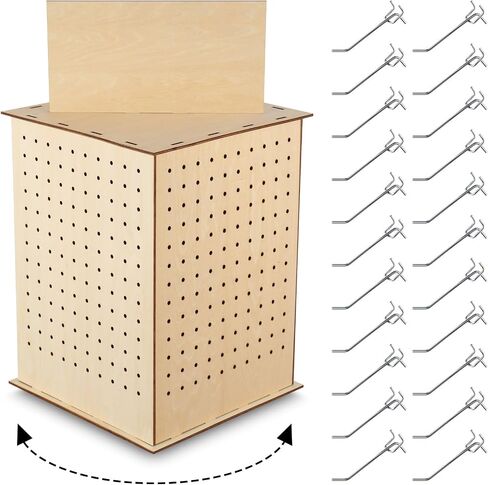 Kigley Wooden Rotating Display Stand 4 Sided Revolving Jewelry Display with 50 Heavy Duty Pegboard Hooks, Keychain Display Rack 360° Rotating Pegboard Display Stand for Craft Shows, Vendors in Kuwait