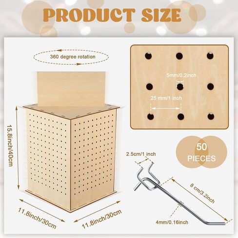 Kigley Wooden Rotating Display Stand 4 Sided Revolving Jewelry Display with 50 Heavy Duty Pegboard Hooks, Keychain Display Rack 360° Rotating Pegboard Display Stand for Craft Shows, Vendors in Kuwait