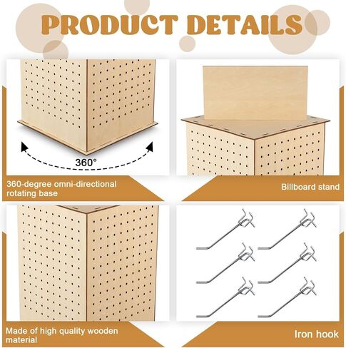 Kigley Wooden Rotating Display Stand 4 Sided Revolving Jewelry Display with 50 Heavy Duty Pegboard Hooks, Keychain Display Rack 360° Rotating Pegboard Display Stand for Craft Shows, Vendors in Kuwait
