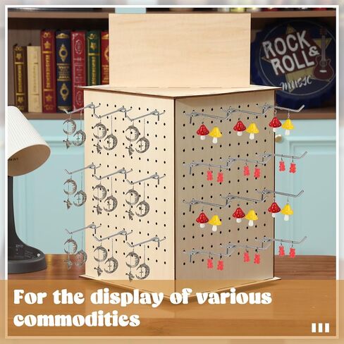 Kigley Wooden Rotating Display Stand 4 Sided Revolving Jewelry Display with 50 Heavy Duty Pegboard Hooks, Keychain Display Rack 360° Rotating Pegboard Display Stand for Craft Shows, Vendors in Kuwait
