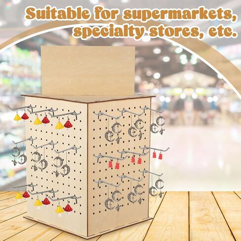 Kigley Wooden Rotating Display Stand 4 Sided Revolving Jewelry Display with 50 Heavy Duty Pegboard Hooks, Keychain Display Rack 360° Rotating Pegboard Display Stand for Craft Shows, Vendors in Kuwait