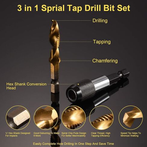 THINKWORK Combination Drill Tap & Tap Bit Set, 3-in-1 Titanium Coated Screw Tapping Bit Tool for Drilling, Tapping, Countersinking, with Quick-Change Adapter, 13 PCS SAE/Metric in Saudi Arabia