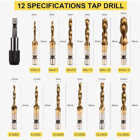 THINKWORK Combination Drill Tap & Tap Bit Set, 3-in-1 Titanium Coated Screw Tapping Bit Tool for Drilling, Tapping, Countersinking, with Quick-Change Adapter, 13 PCS SAE/Metric in Saudi Arabia