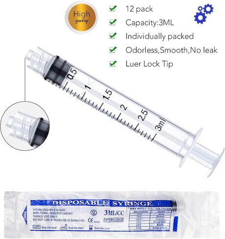 12 Pack 2ml Plastic Luer Lock Syringe, Measuring Syringe Individually Sealed for Scientific Labs, Measuring Liquids, Feeding Pets, Oil or Glue Applicator (2ml, 12) in Saudi Arabia