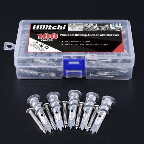 Hilitchi 100pcs Premium Quality Zinc Self-Drilling Drywall Anchor with Screw Kit in Saudi Arabia