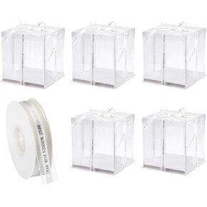uxcell Clear Cake Box, 5Pcs 9"x9"x9" - Tall Cake Boxes with Ribbon for 6 Inch Cake Packing Carry - for Birthday Parties, Wedding (White) in Kuwait