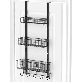 YBING Over The Door Organizer with Hooks 3 Tier Back Door Towel Hanger with Baskets Metal Behind Door Hanging Storage Organizer Shelf Over Door Pantry Organizer Door Racks for Bedroom Bathroom Black