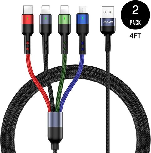 ISAIBELL USAMS Multi Charging Cable 2Pack 4FT 4 in 1 Nylon Braided Multiple USB Fast Charging Cord Adapter Type C Micro USB Port Connectors Compatible Cell Phones Tablets and More in Kuwait
