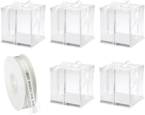 uxcell Clear Cake Box, 5Pcs 9"x9"x9" - Tall Cake Boxes with Ribbon for 6 Inch Cake Packing Carry - for Birthday Parties, Wedding (White) in Kuwait