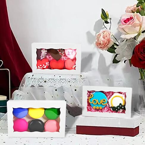 رومانسية الخبز 50 حزمة DIY الجمعية الأبيض 7 × 4 3/8 × 1½ بوصة صناديق الكوكيز مع نافذة صناديق الكعك صناديق معكرون صناديق المخابز صناديق قنابل الشوكولاتة in Kuwait